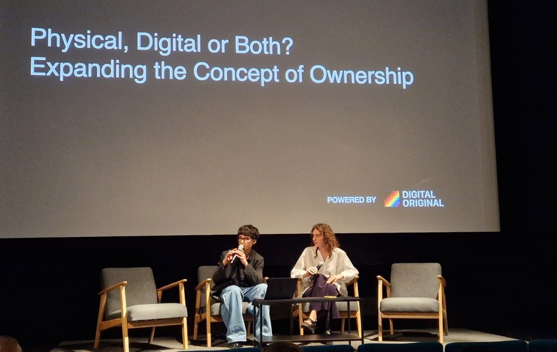 Anna Filippova and Yuliia Berdiiarova on stage with Q&A session of Digital Original during Digital Art Mile event. Basel, Switzerland. (June 2024).