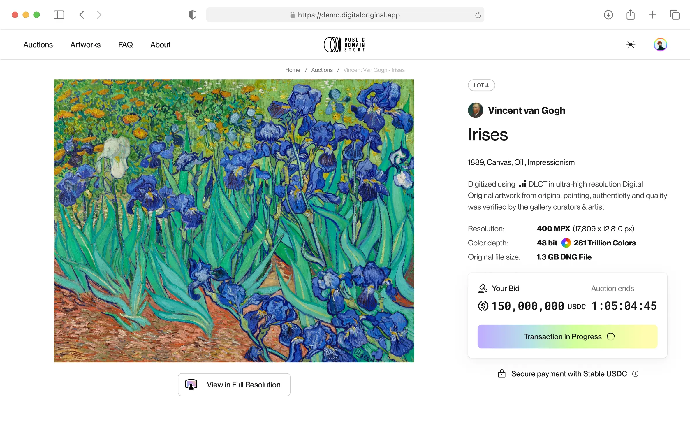 * Demo of actual digitized Van Gogh ‘Irises’ available through Public Domain License at estimated price of 150 million USDC