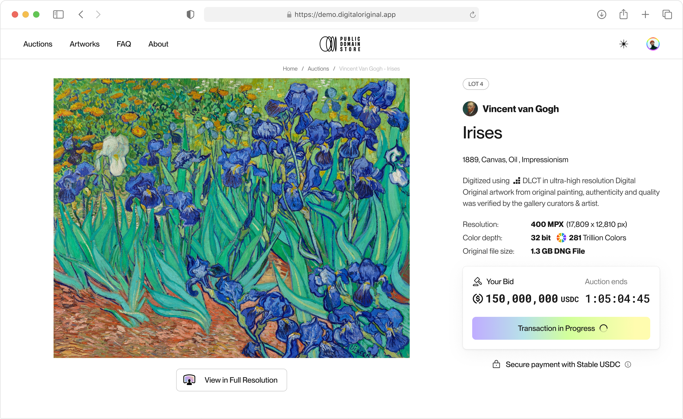 * Demo of actual digitized Van Gogh ‘Irises’ available through Public Domain License at estimated price of 150 million USDC